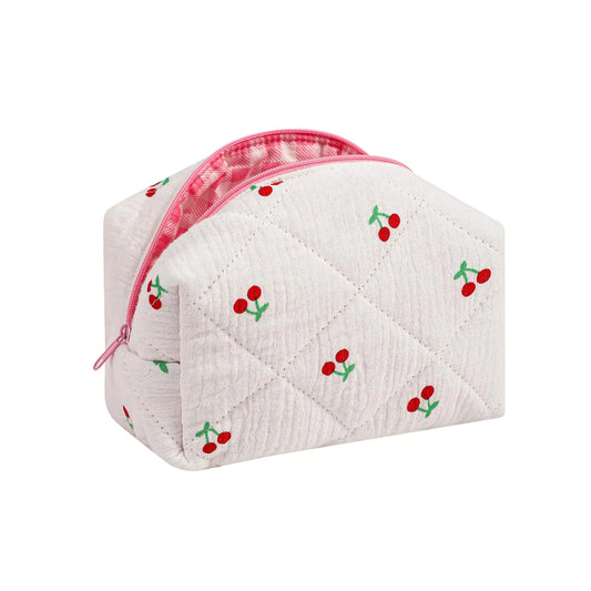 Cute Small Floral Cotton Makeup Bag Quilted Zipper Pouch with Coquette Bear for Women and Girls Kawaii Travel Cosmetic Bags for Purse(03White Cherry)